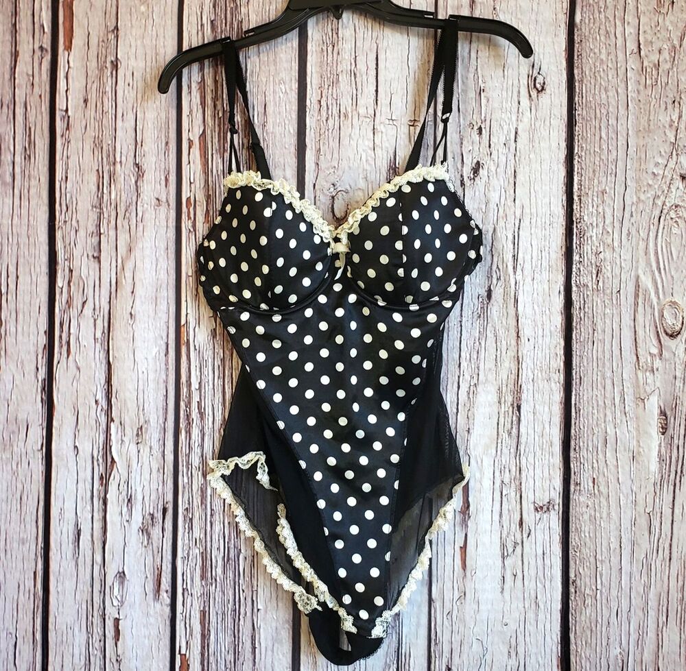 Smart & Sexy Bra Lingerie Bodysuit 38D Polka Dot Womens Polyester Lace Black